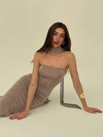 Aloruh 女士杏色连衣裙，优雅现代亮片无肩带鱼尾浪漫飘逸长裙，适合婚礼、派对、音乐节等场合。