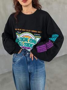 FRIFUL Women's Crew Neck Long Sleeve Loose Cotton T-Shirt With Large Bright Graphic Print, Suitable From Spring To Summer - Black - View 6