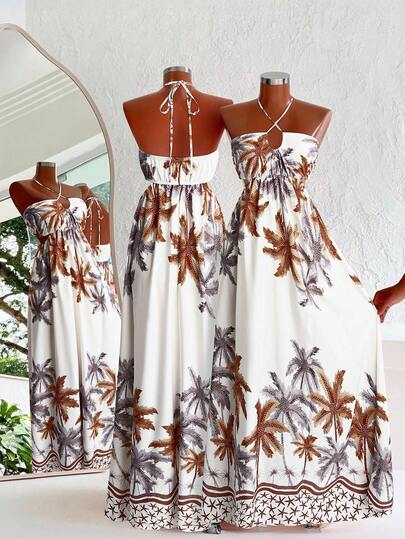 Sweetra SunnyBelle Plus Size Women Spaghetti Strap Ruched Bodice Casual Tropical Floral Dress, Waist Cutout Design, Dress, Spaghetti Strap Dress, Bohemian Style, Palm Tree Dress, Sundress, Suitable For Beach, Spring & Summer