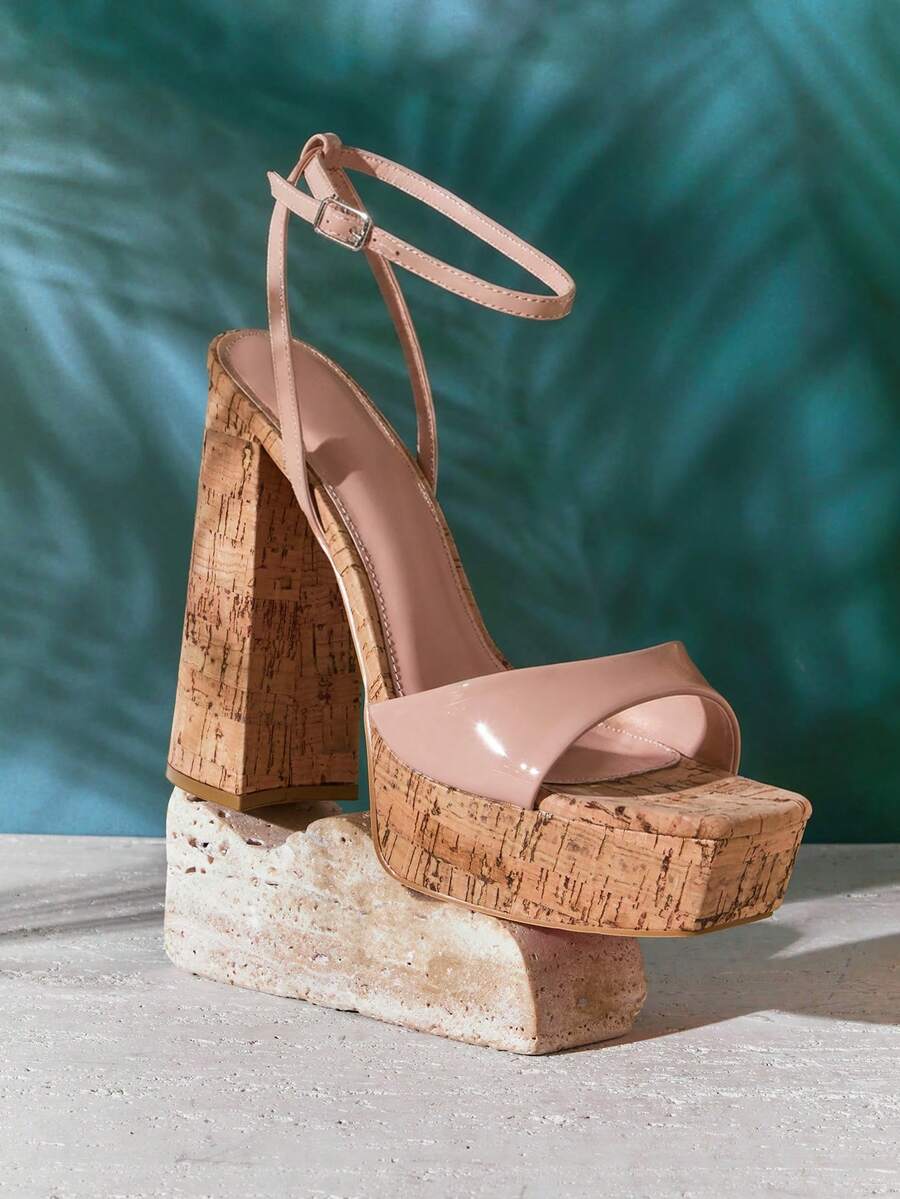 SHUZIA Women's Ankle Strap Square Toe Chunky Block Heel Platform Sandals - Beige - View 1