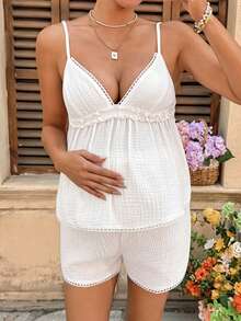 SHEIN Maternity Vacation Solid Color Ruffle Hem Camisole & Shorts 2 Pieces Set Summer White 2 Pieces Summer Holiday Outfits - White - View 3
