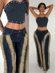 Jeanoix Quần jeans ống loe phối màu tương phản với chất liệu giả lông thú dành cho nữ - Rửa tối - Xem 6