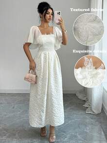 Modelyn Đầm kiểu Pháp thanh lịch dành cho phụ nữ, màu mơ, chất liệu chiffon, phối họa tiết jacquard, xếp nếp. - Màu be - Xem 1