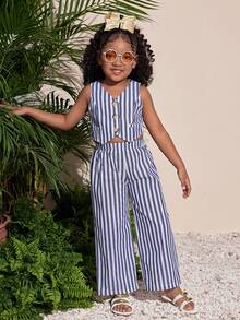 Firerie Kids Firerie Kids Young Girl Commuting Chic Fitted Casual Vacation Striped Vest & Wide Leg Pants 2 Pieces Set - Blue and White - View 4