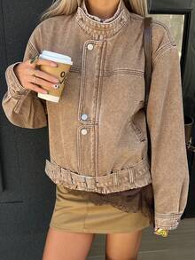 DAZY Women's Stand Collar Long Sleeve Open Front Casual Denim Jacket And Coat - Khaki - View 6