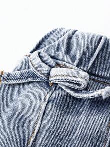 Young Girl Denim Shorts, New Casual Fashion Bow Design Washed Dark Blue Denim Pleated Skorts - Blue - View 7