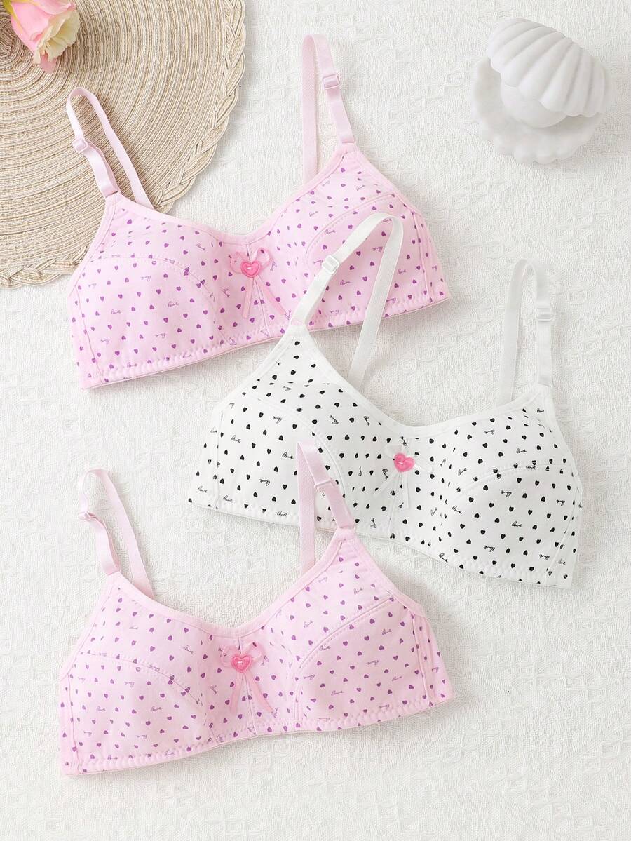 Teen Girl Heart Print Adjustable Strap Comfortable Bra - Multicolor - View 1