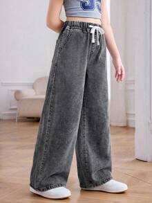 SHEIN Tween Girl Summer Light Washed Drawstring Waist Wide Leg Casual Jeans Wide Leg Jeans For Daily Wear,Summer Stretchy Waist Comfortable Wide Leg Pants, Summer Beach Boho Vacation Casual,Rave Concert Festival - Grey - View 4