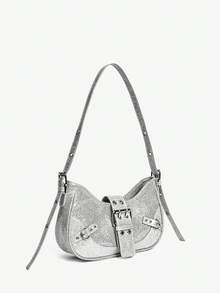 Viva Strut 1 pieza Bolso bandolera con decoración de remaches, estilo punk, ajustable, para mujeres y adolescentes, estilo Y2K - Plata brillante - Ver 3