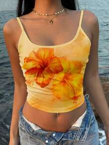 SHEIN EZwear 女士度假风印花露脐吊带背心 - 黃色 - 查看 5