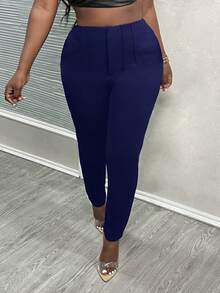 Slaydiva 新款夏季简约纯色褶裥高腰修身七分裤，适合办公室和工作场合，女士款 - 寶藍色 - 查看 5