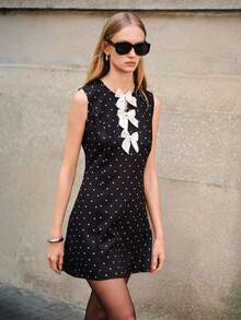 Lumivelle Valentine's Day Women's Summer Fashion Polka Dot Print Bow Front Mini Dress  Summer Dress Black Dress  Dress For Wedding Guest Elegant Dresses For Party Preppy Dress Black Polka Dot Dress Black Bow Dress Black And White Polkadot Dress - Multicolor - View 1