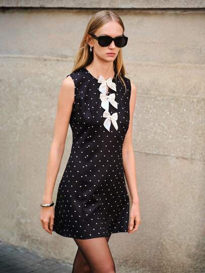 Lumivelle 女士夏季时尚波点印花蝴蝶结迷你连衣裙