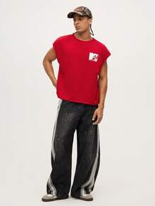MTV | SHEIN Men's Letter Graphic Red Casual Fashion Tank Top - Red - View 2