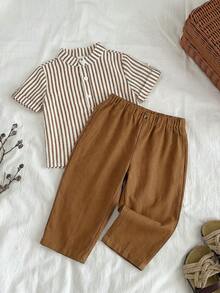 SHEIN Baby Boys Everyday Casual Co-Ord Set With Striped Stand Collar Short Sleeve Shirt And Long Pants Button Front Multicolored Polyester Outfit - Multicolor - View 5