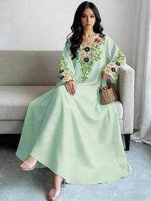 SHEIN Najma Women's Floral & Plant Digital Print Faux Embroidery V-Neck Long Sleeve Elegant Arabic Style Dress, Spring/Autumn - Multicolor - View 3