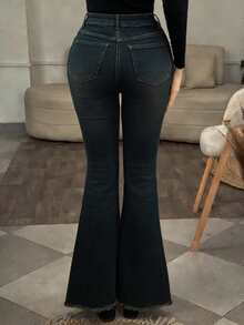 DAZY Quần jeans ống loe nữ kiểu Hàn Quốc có túi cài nút, đa năng, thích hợp mặc hàng ngày. - Màu xanh lam - Xem 2