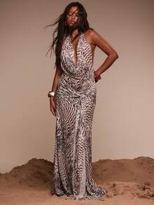 MUSERA 网纱印花露背吊带深V领垂褶裹身宽松长款连衣裙罩衫泳装度假夏季旅行沙滩装 Terra Sol 长裙 - 彩色 - 查看 1