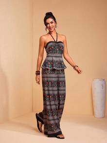 JIAN LASALA All-Over Print Bustier Top Halter Neck Tie Backless Ruffled Waist Wide-Leg Women Jumpsuit - Multicolor - View 6