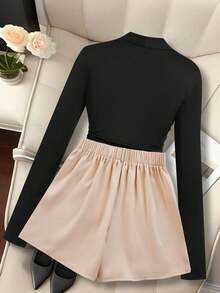 GlowEve New Elegant French Style Fashion Suit, Pleated Square Neck Flattering Bust, Slim Fit Long Sleeve T-Shirt + Elastic Waist Asymmetric Hem Skort, Casual Sexy Versatile Women 2-Piece Set - Multicolor - View 4