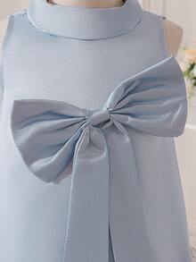 SHEIN Young Girl Woven Solid Color Bowknot Ruffle Hem Casual Dress, Young Girls - Blue - View 7