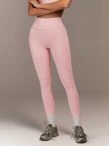 Menodora SHEIN Sport 女士纯色褶皱高腰紧身打底裤，时尚运动服，夏季度假，情人节，休闲，运动服，粉色健身，粉色瑜伽 - 粉色 - 查看 3