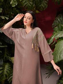 Al Najma V-Neck Loose Fit 3/4 Sleeve Patchwork Fringe Design Abaya - Coral Pink - View 7