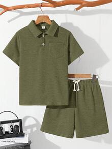 SHEIN 2pcs Tween Boy Casual Loose Solid Color Polo Collar Short Sleeve T-Shirt And Shorts Set, Suitable For Commuting, School, Daily Casual Wear, Sports, Spring/Summer - Army Green - View 7