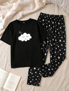 SHEIN Bộ đồ ngủ 2 món cho bé gái tuổi teen, gồm áo thun cổ tròn và quần ống rộng in hình mây và sao, thích hợp mặc ở nhà vào mùa xuân/hè. - Đen và trắng - Xem 4