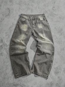 Manfinity EMRG 男士休闲水洗做旧阔腿牛仔裤 - 淺灰色 - 查看 1