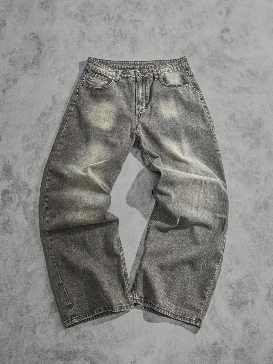 Manfinity EMRG 男士休闲水洗做旧阔腿牛仔裤 - 淺灰色 - 查看 1