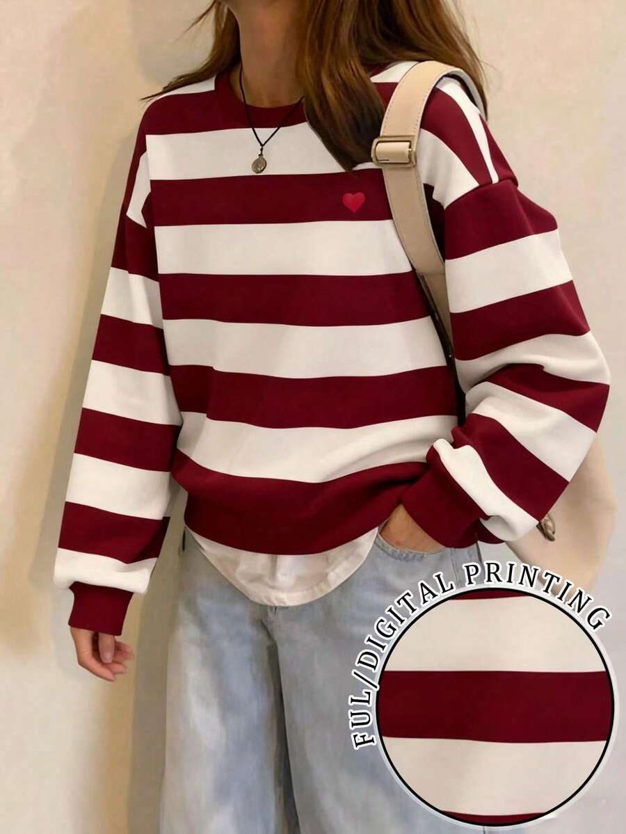 INAWLY Popular Women's Sweatshirt New Heart Pattern Striped Basic Sweatshirt - Red - View 1