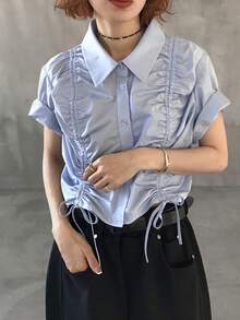 FRIFUL Camisa de verano para mujer con cuello regular, frente con cordón y mangas cortas - Azul - Ver 7