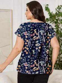 Reflora Plus Size Women's Floral Print Casual Solid Color Batwing Sleeve Shirred Waist Blouse, Summer Spring Spring - White - View 2