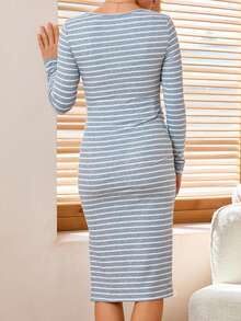 SHEIN 孕妇圆领条纹开衩设计舒适休闲长袖连衣裙 - 灰色 - 查看 2