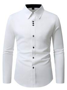 Calvornis Manfinity Mode Men's Solid Color Long Sleeve Shirt,All White Autumn Casual Office Stand-Up Collar Business Formal Dress Shirt For Wedding Party Gift - White - View 3