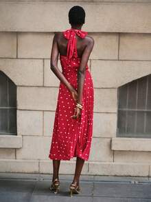 Lumivelle Women's Polka Dot Pleated Front Button Decor Summer Dress Red Polka Dot Dress Pleated Dress - Red - View 2