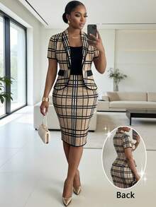 SHEIN Lady CURVE 大码女士时尚优雅印花单扣西装套装 - 彩色 - 查看 2