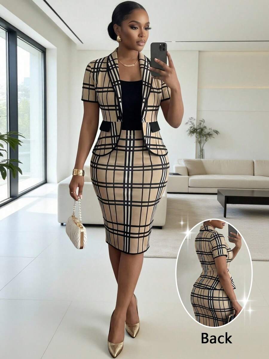 SHEIN Lady CURVE 大码女士时尚优雅印花单扣西装套装