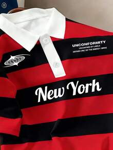Manfinity Joysei Men's Simple Red And Black Striped College Letter Polo Shirt, Suitable For School, Outings, And Friend Gifts - Black - View 3