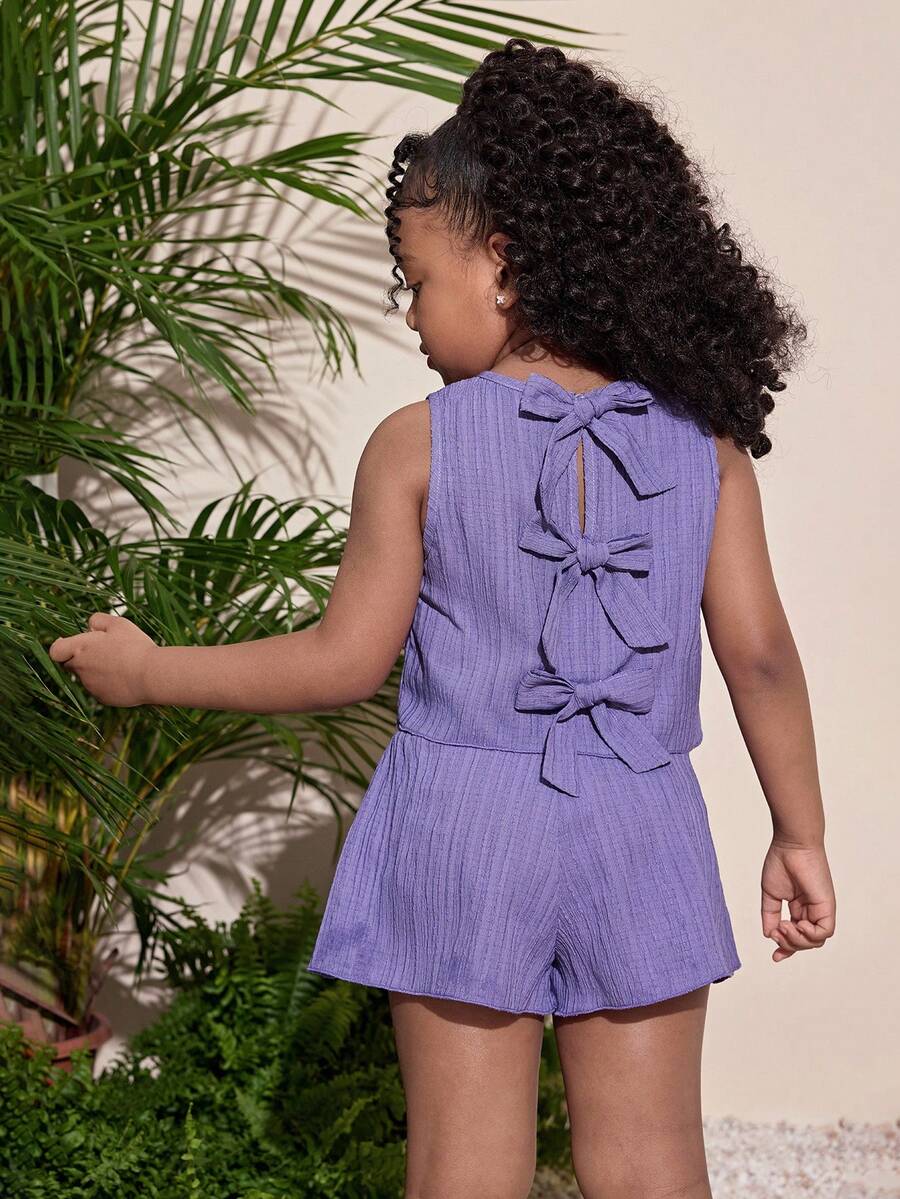 Young Girl Fashion Resort Round Neck Purple Shirt & Shorts Set - Mauve Purple - View 1