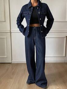 DAZY Women's Solid Color Button Front Long Sleeve Jacket And Pants Casual Denim Suit - Blue - View 3