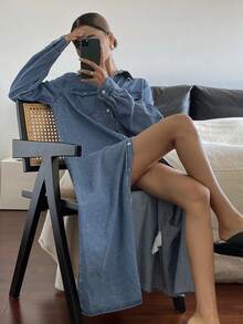 Livesso 复古水洗原色中长直筒牛仔连衣裙，宽松休闲商务办公装，适合秋、冬、春季穿着。 - 中等水洗藍 - 查看 4