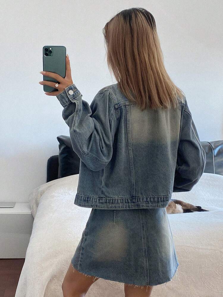 Western Cowgirl Vintage Distressed Loose Collar Embroidered Long Sleeve Straight Hem Mini Skirt Casual Street Autumn/Winter Women Denim Set Y2k