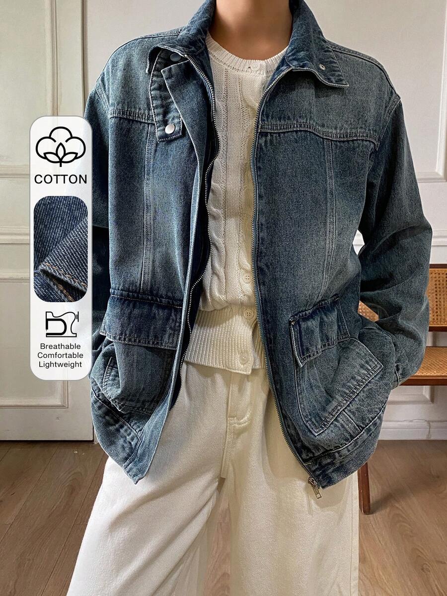 DAZY 做旧水洗宽松翻领长袖休闲街头秋冬女式外套 - 藍色 - 查看 1