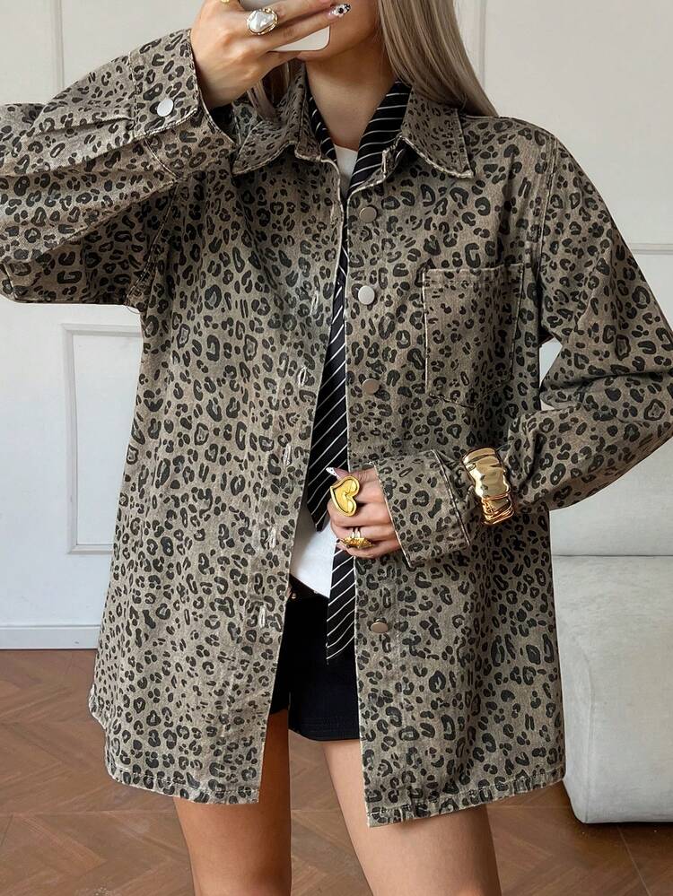 Women's Loose Fit Lapel Collar Long Sleeve Pockets Casual Street Cowboy Leopard Print Denim Jacket, Autumn/Winter