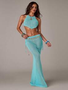 SHEIN BAE Women's Teal Blue Halter Tie Backless Top And Mini Skirt Set,Summer Casual Beach Vacation Holiday Outfits,Bohemian Elegant Beachwear Cover Up - Blue - View 3