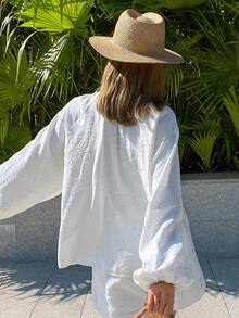 DAZY Conjunto informal de 2 piezas de top de manga farol con cuello mao y bordado floral y shorts para mujeres, ideal para vacaciones - Blanco - Ver 3