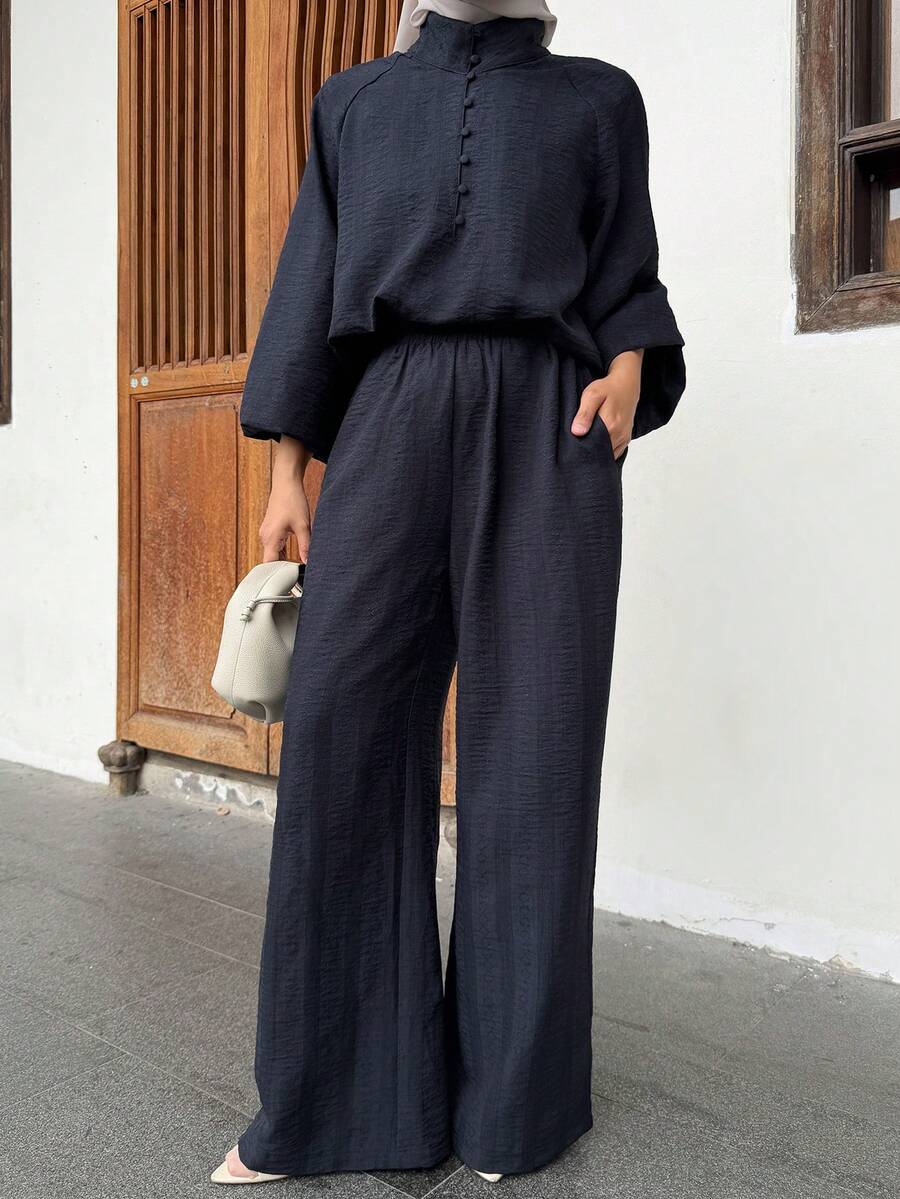 DAZY 2pcs/Set Women High Collar Puff Sleeve Casual Pants Suit - Navy Blue - View 1