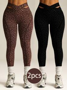 Velisys 2条装女士加大码无缝高弹交叉腰性感豹纹跑步、健身、瑜伽、户外运动七分紧身裤 - 彩色 - 查看 1